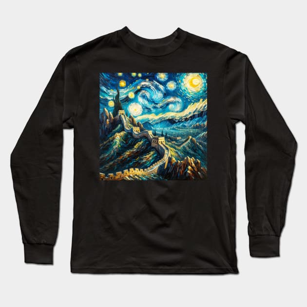 Great Wall of China Starry Night - Beautiful Iconic Places Long Sleeve T-Shirt by Edd Paint Something